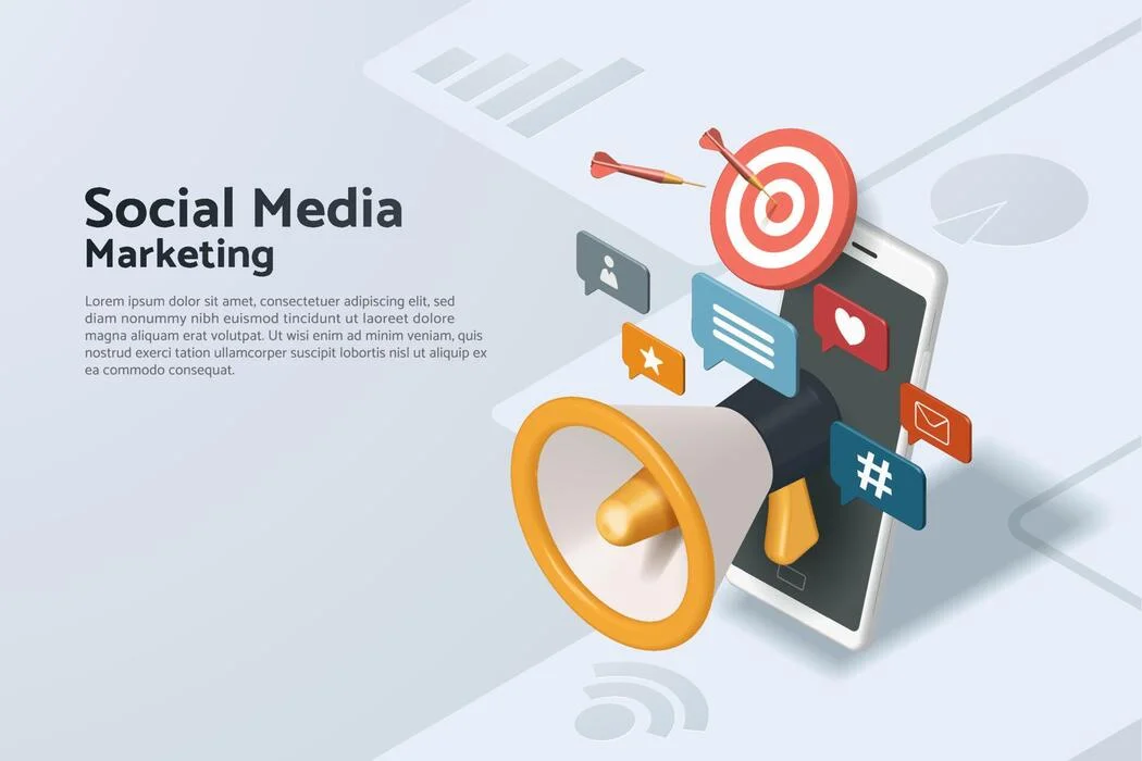 social media marketing with megaphones and social media icons floating on mobile phone vector